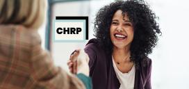CHRP logo over image of woman smiling and shaking someone's hand